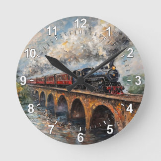 Steam Train on a Bridge - Oil Painting Round Clock