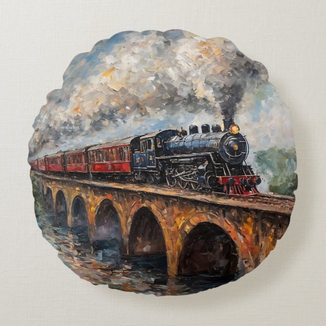 Steam Train on a Bridge - Oil Painting Round Cushion (Front)