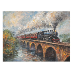 Steam Train on a Bridge - Oil Painting Tablecloth