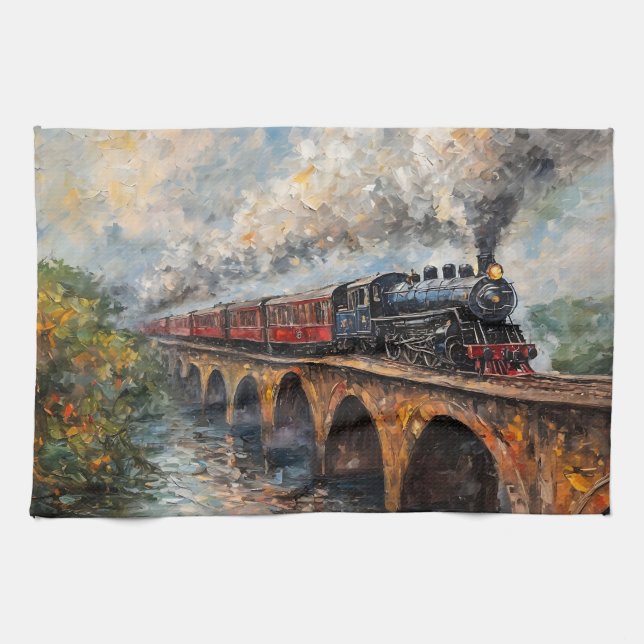 Steam Train on a Bridge - Oil Painting Tea Towel (Horizontal)