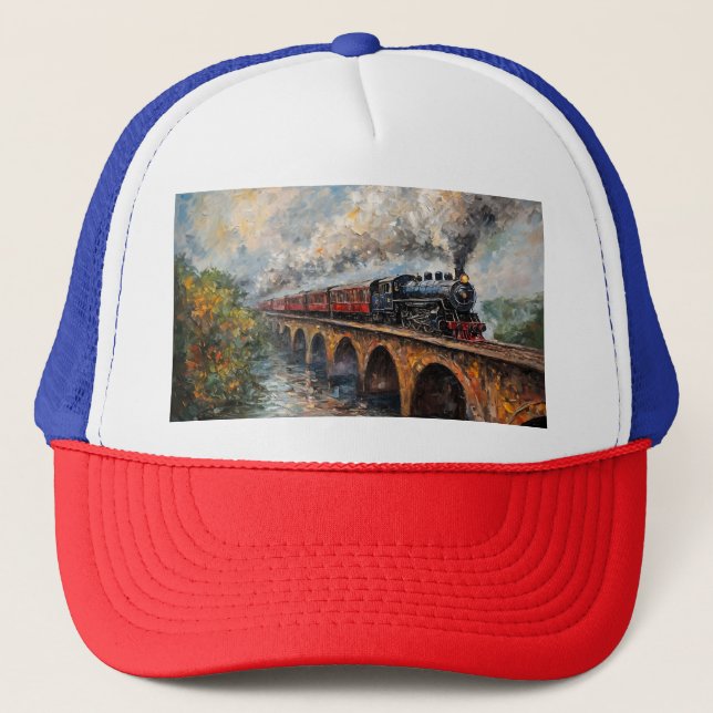 Steam Train on a Bridge - Oil Painting Trucker Hat (Front)