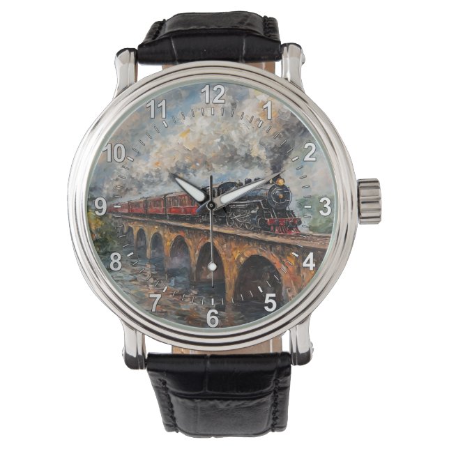 Steam Train on a Bridge - Oil Painting Watch (Front)