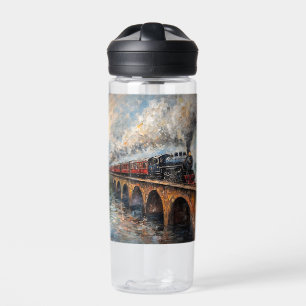 Steam Train on a Bridge - Oil Painting Water Bottle