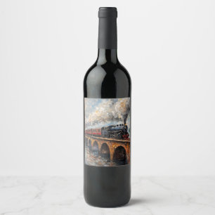 Steam Train on a Bridge - Oil Painting Wine Label