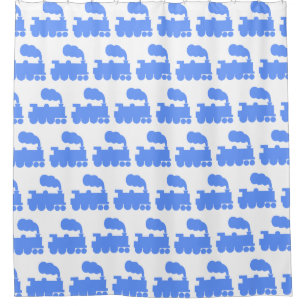 Steam Train Pattern - Baby Blue on White Shower Curtain