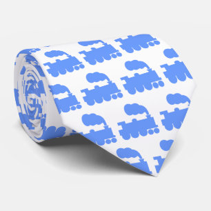 Steam Train Pattern - Baby Blue on White Tie