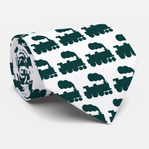 Steam Train Pattern - Dark Moss Green on White Tie