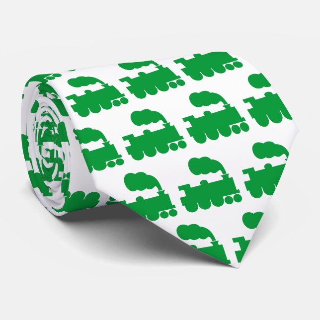 Steam Train Pattern - Grass Green on White Tie (Rolled)