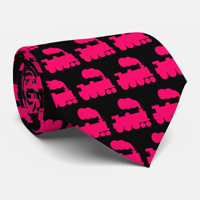 Steam Train Pattern - Neon Red on Black Tie (Rolled)