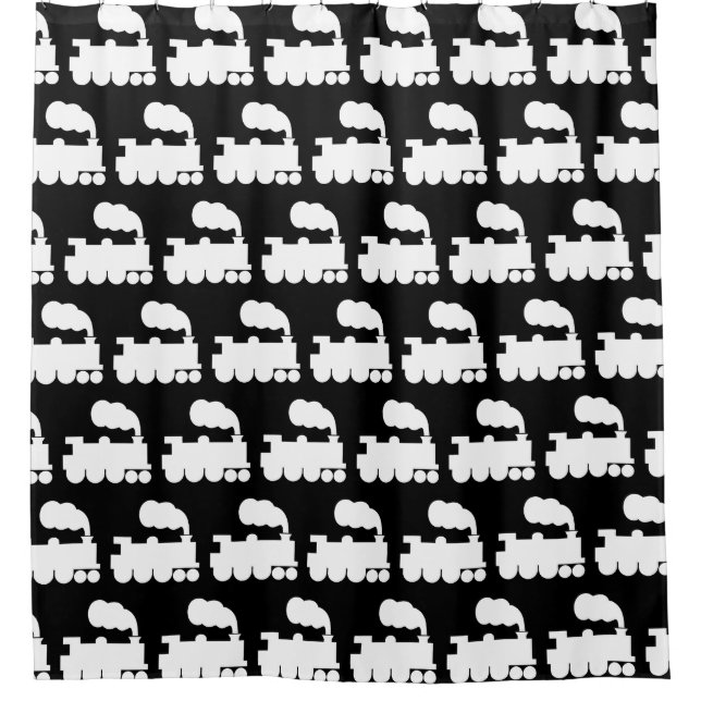 Steam Train Pattern - White on Black Shower Curtain (Front)