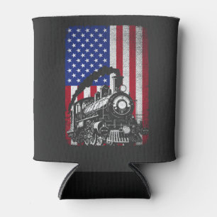 Steam Train Railroad Usa American Flag Locomotive  Can Cooler