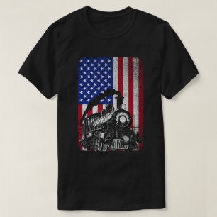 Steam Train Railroad Usa American Flag Locomotive  T-Shirt