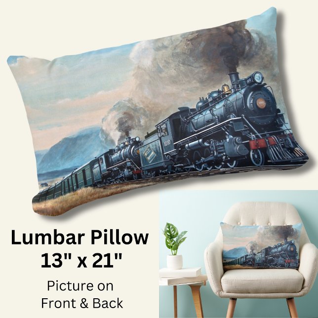 Steam Trains Coming Up the Hill, Railroad Engine Lumbar Cushion (Creator Uploaded)