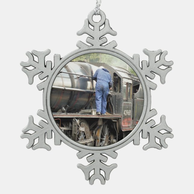 STEAM TRAINS SNOWFLAKE PEWTER CHRISTMAS ORNAMENT (Front)