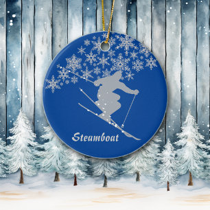 Steamboat Snowflake Skier Personalised Ceramic Tree Decoration