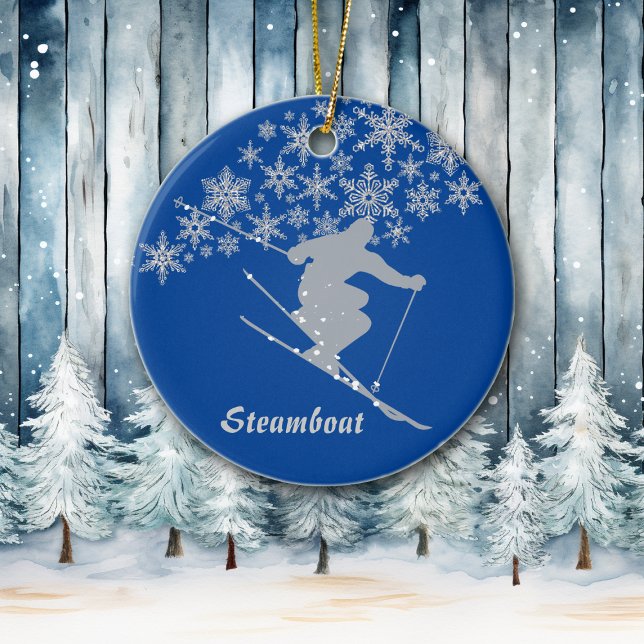 Steamboat Snowflake Skier Personalised Ceramic Tree Decoration (Creator Uploaded)