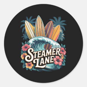 Steamer Lane Surfboards Santa Surfing Cruz Graphic Classic Round Sticker