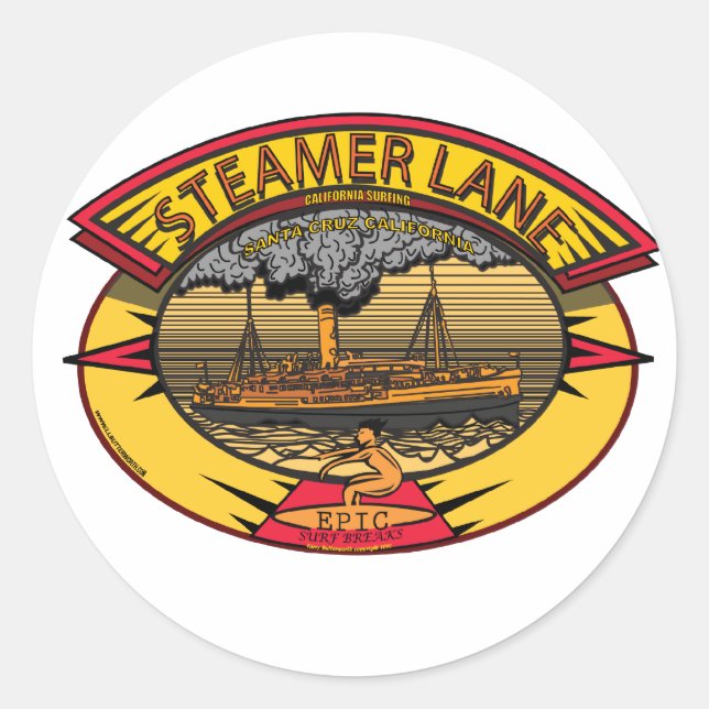 STEAMERS LANE SANTA CRUZ CA. CLASSIC ROUND STICKER (Front)