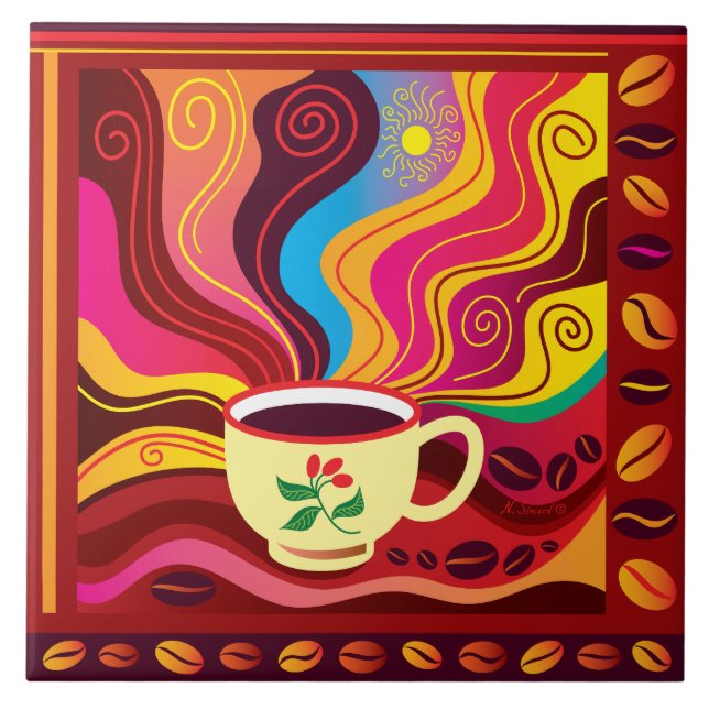 Steaming Coffee Cup Pattern Ceramic Tile (Front)