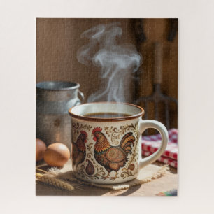 Steaming Coffee in Folk Art Style Chicken Mug Jigsaw Puzzle