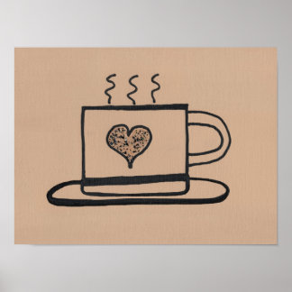 Steaming Hot Coffee Cup with Glitter Heart Poster