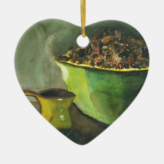 Steaming Morning Cup of Coffee Bowl Coffee Beans Ceramic Ornament (Front)