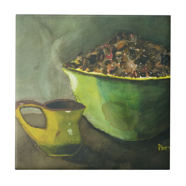 Steaming Morning Cup of Coffee Bowl Coffee Beans Ceramic Tile (Front)