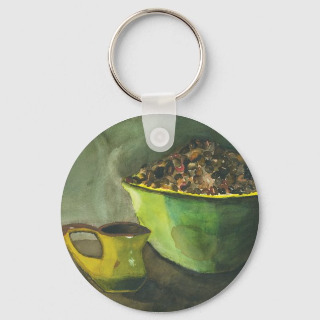 Steaming Morning Cup of Coffee Bowl Coffee Beans Key Ring (Front)