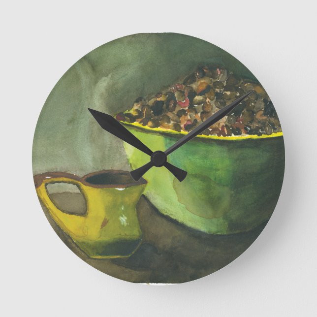 Steaming Morning Cup of Coffee Bowl Coffee Beans Round Clock (Front)