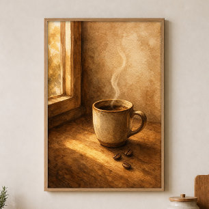 Steaming Mug by the Window Watercolour Poster