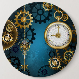 Steampun turquoise Background with Gears 6 Cm Round Badge