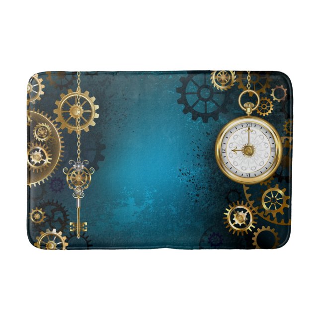 Steampun turquoise Background with Gears Bath Mat (Front)