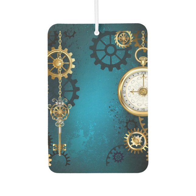 Steampun turquoise Background with Gears Car Air Freshener (Front)