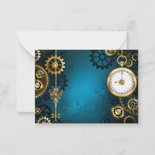 Steampun turquoise Background with Gears Card (Front)