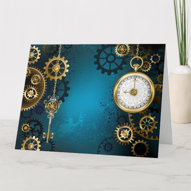 Steampun turquoise Background with Gears Card (Front)