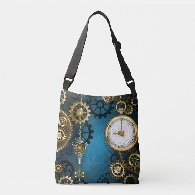 Steampun turquoise Background with Gears Crossbody Bag (Front)