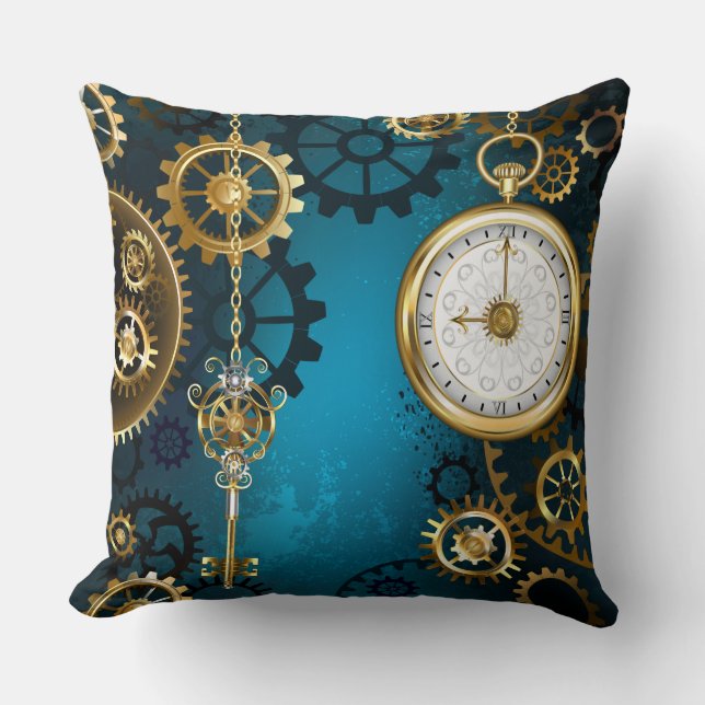Steampun turquoise Background with Gears Cushion (Front)