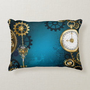 Steampun turquoise Background with Gears Decorative Cushion