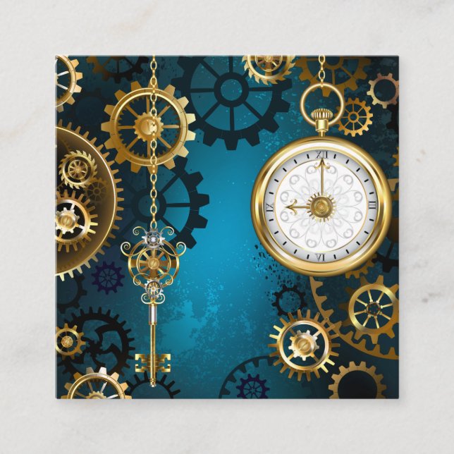 Steampun turquoise Background with Gears Discount Card (Front)