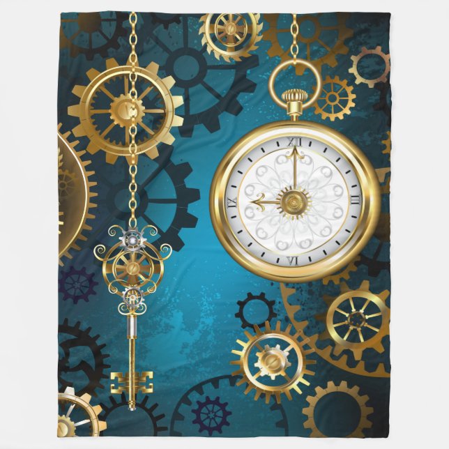 Steampun turquoise Background with Gears Fleece Blanket (Front)