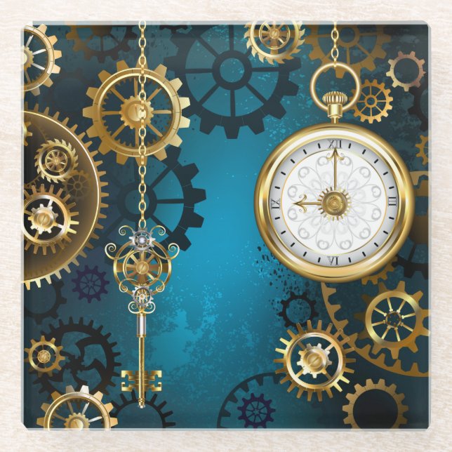 Steampun turquoise Background with Gears Glass Coaster (Front)