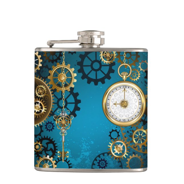 Steampun turquoise Background with Gears Hip Flask (Front)