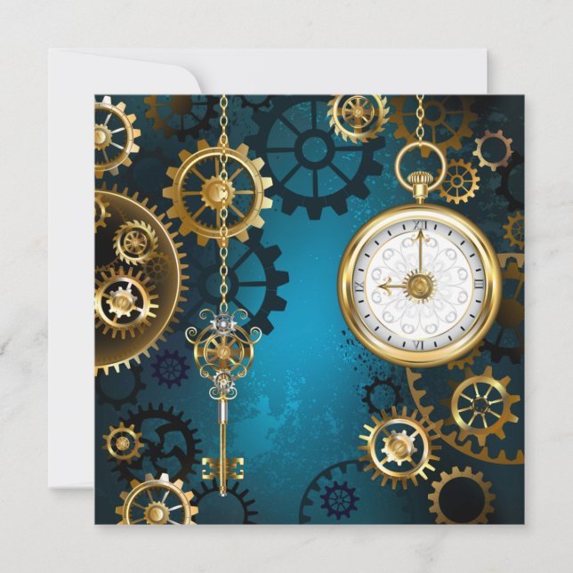Steampun turquoise Background with Gears Holiday Card (Front)