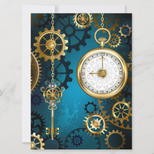 Steampun turquoise Background with Gears Invitation