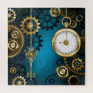 Steampun turquoise Background with Gears Jigsaw Puzzle