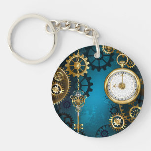Steampun turquoise Background with Gears Key Ring