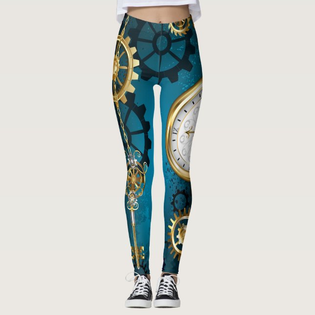 Steampun turquoise Background with Gears Leggings (Front)