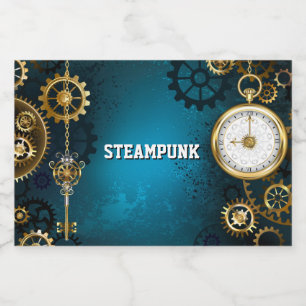 Steampun turquoise Background with Gears Liquor Bottle Label