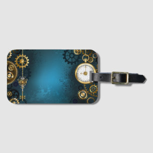 Steampun turquoise Background with Gears Luggage Tag