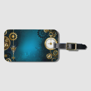 Steampun turquoise Background with Gears Luggage Tag